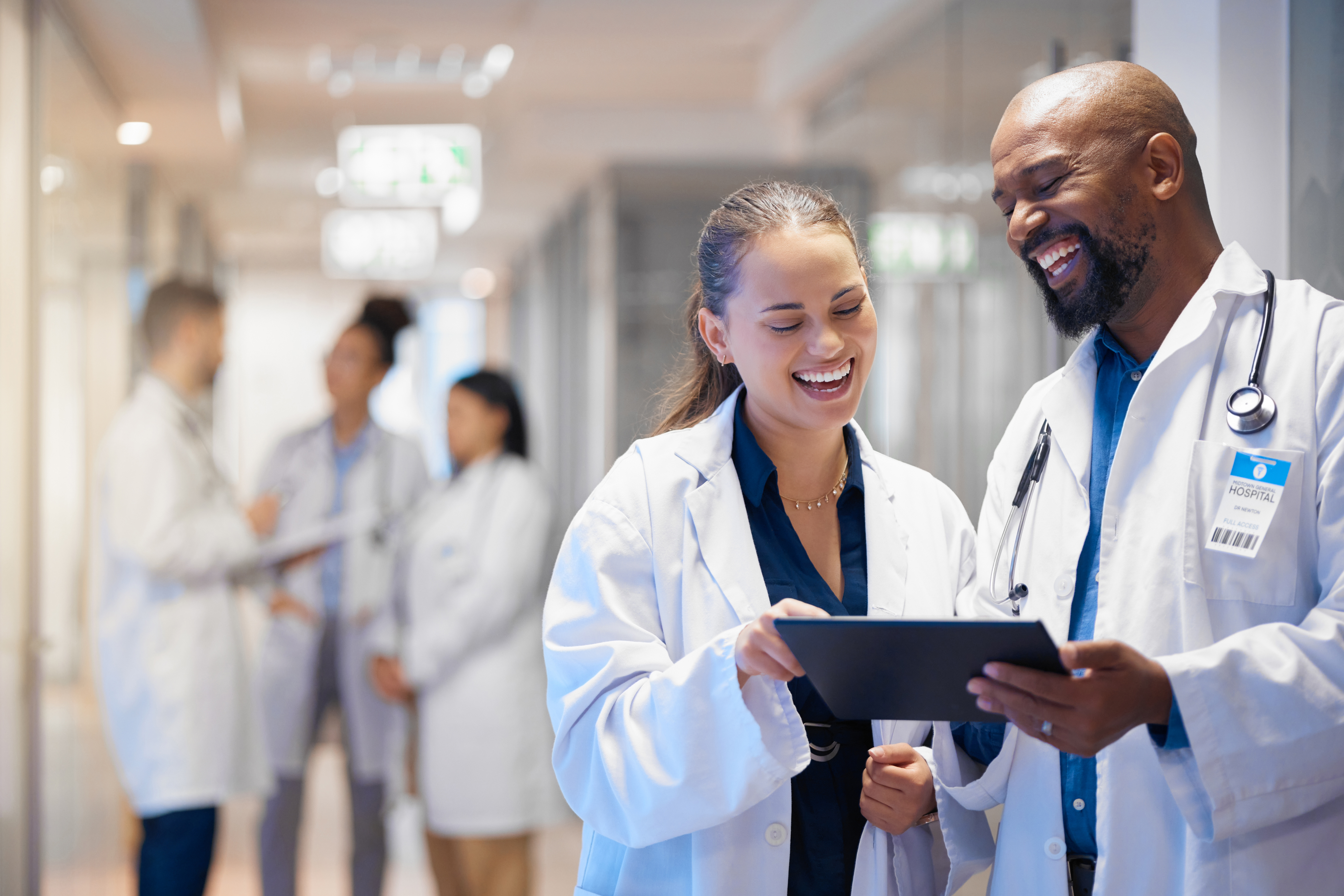 Doctors teamwork on tablet for hospital research management, employees workflow or software clinic solution. Healthcare people on digital tech for medical team analysis, results or problem solving